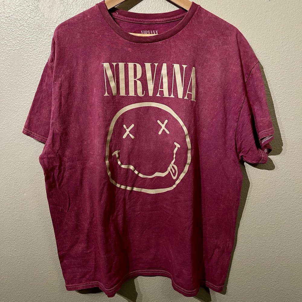 Nirvana T-shirt Acid Wash Style Magenta/Fuchsia Heavy Cotton Size XL‎